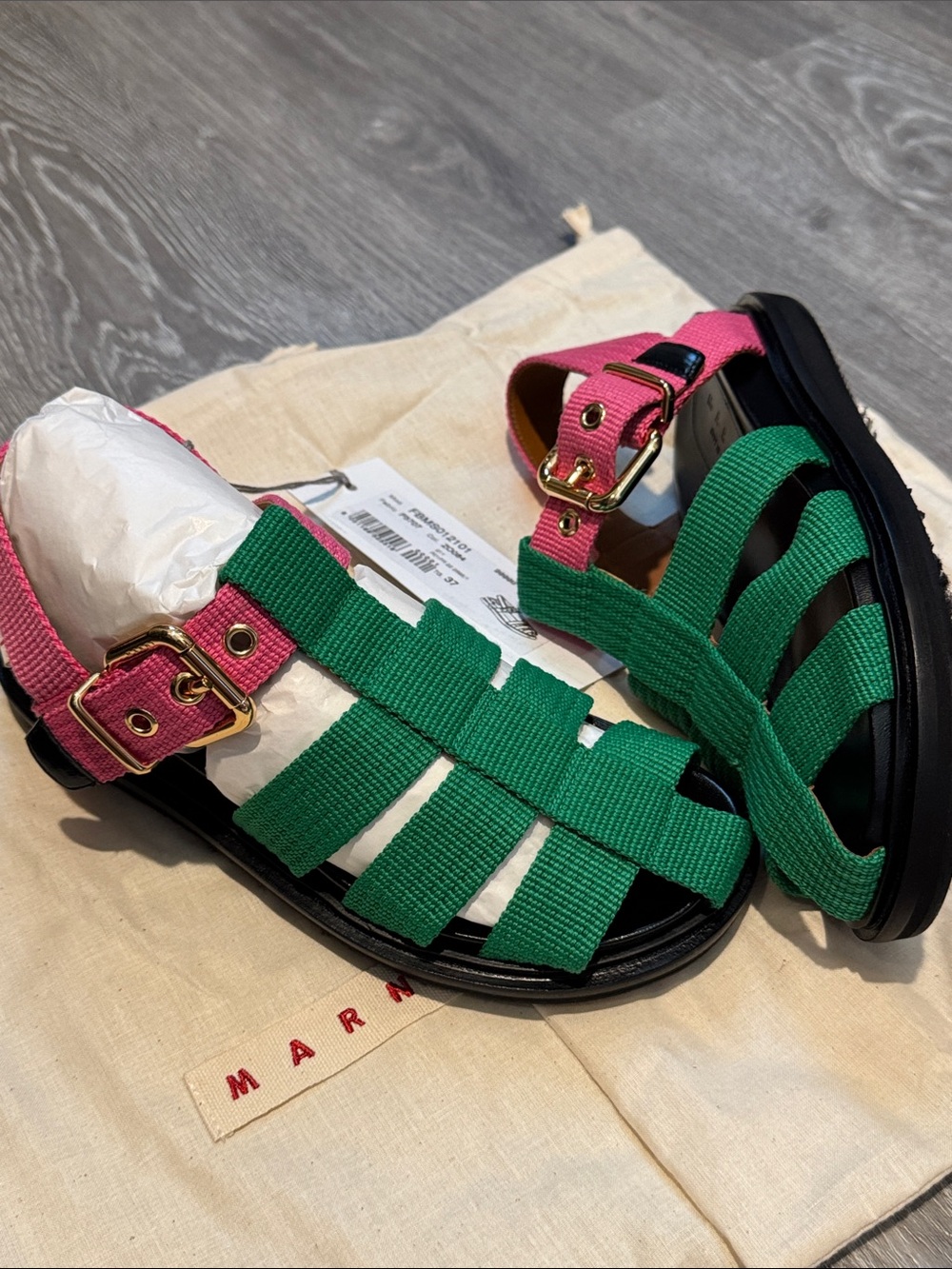 Marni Green and Pink Strappy Woven Sandals